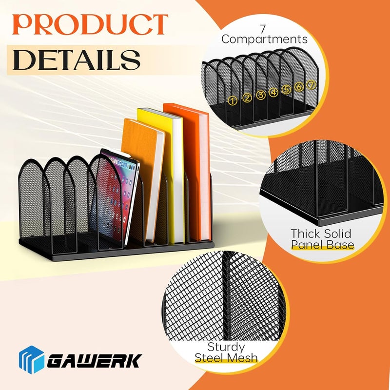 Gawerk 7-Section Metal Upright File Sorter Organizer, Office Small Letter Sorter Desktop File Organizer Metal Mesh Iron Sole, Black - Image 3